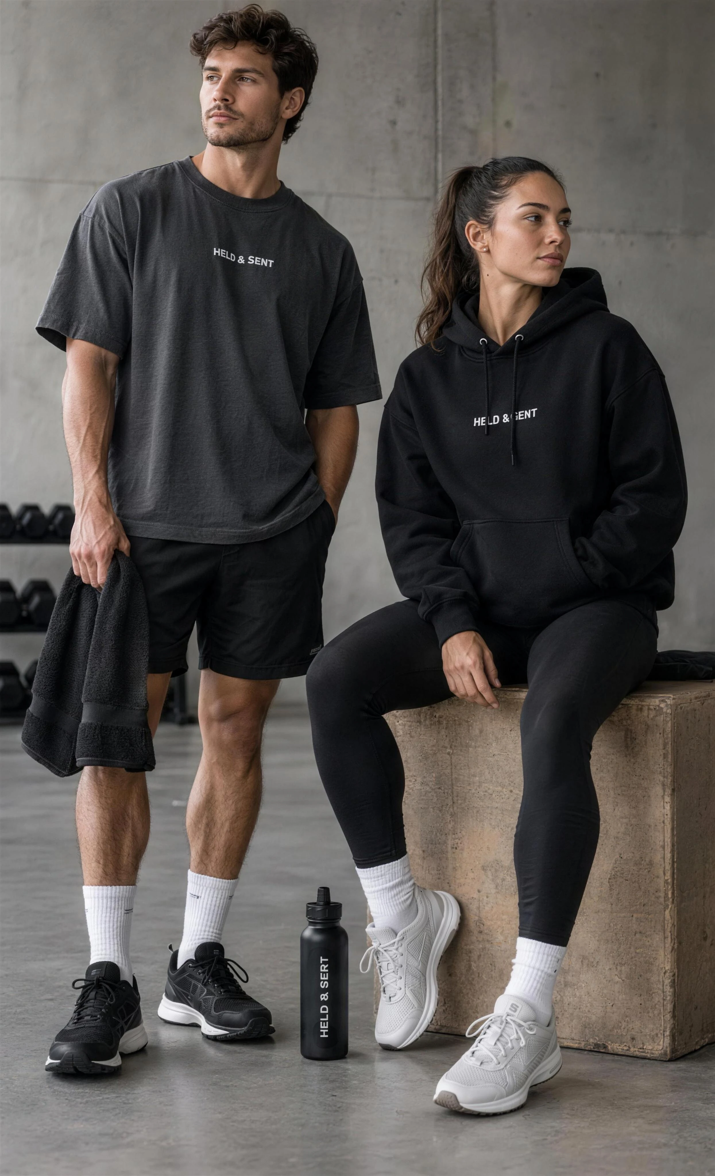 Two athletes in HELD & SENT training pieces between sets
