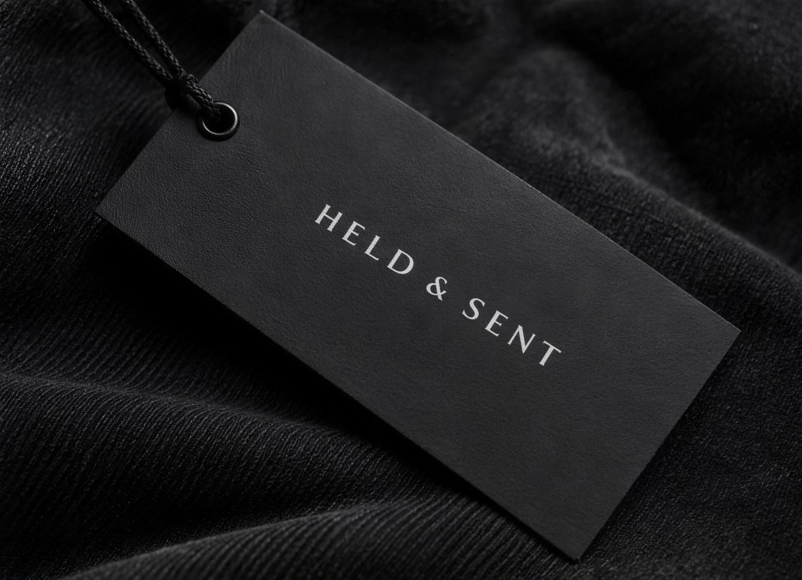 HELD & SENT hang tag on folded fabric