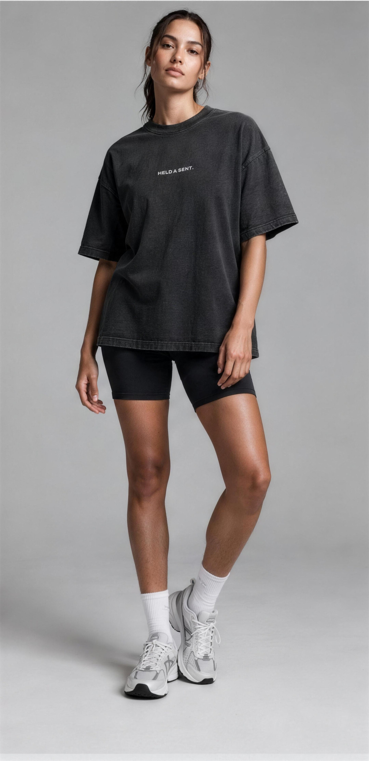 Covenant Tee worn oversized with training shorts