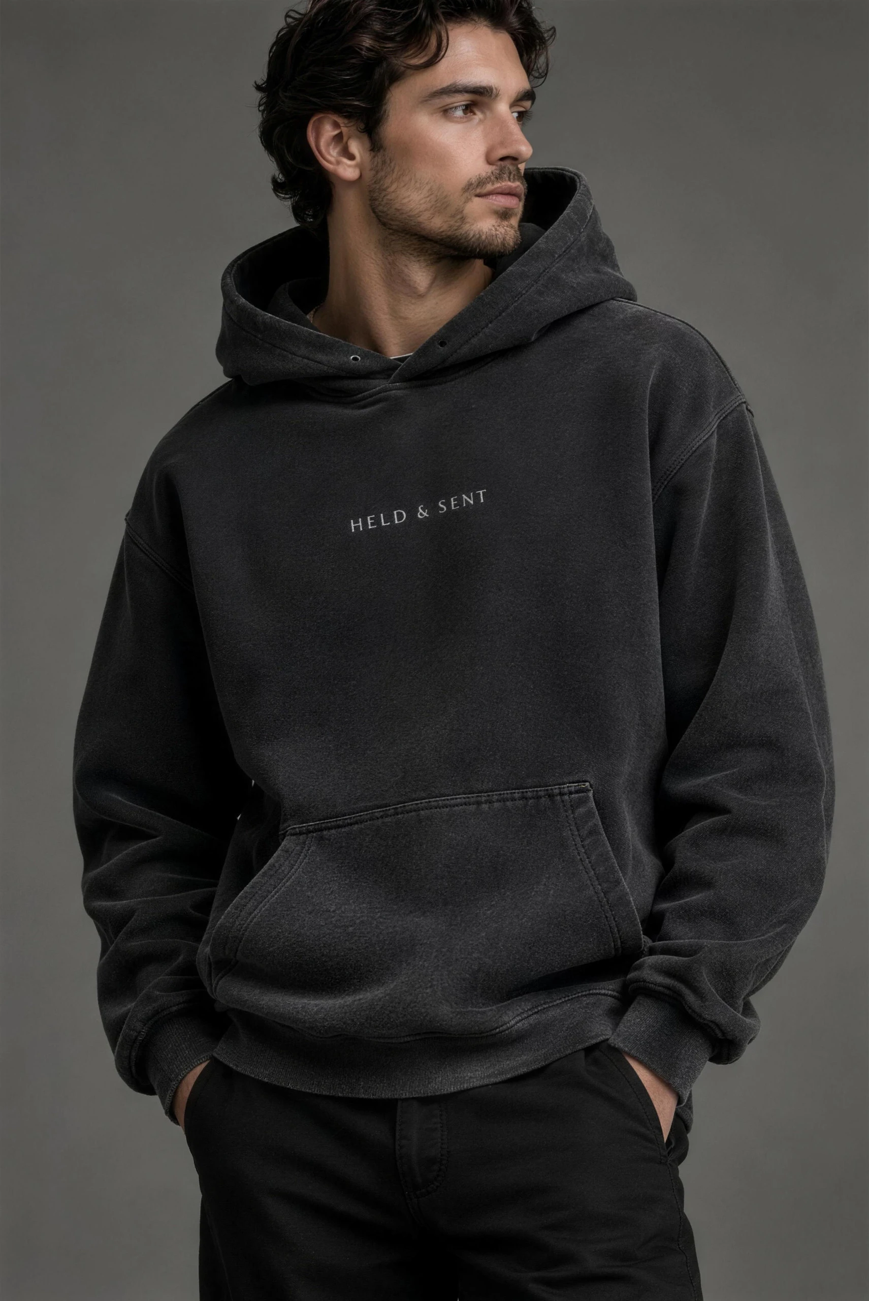 Abide Hoodie worn, front, washed carbon