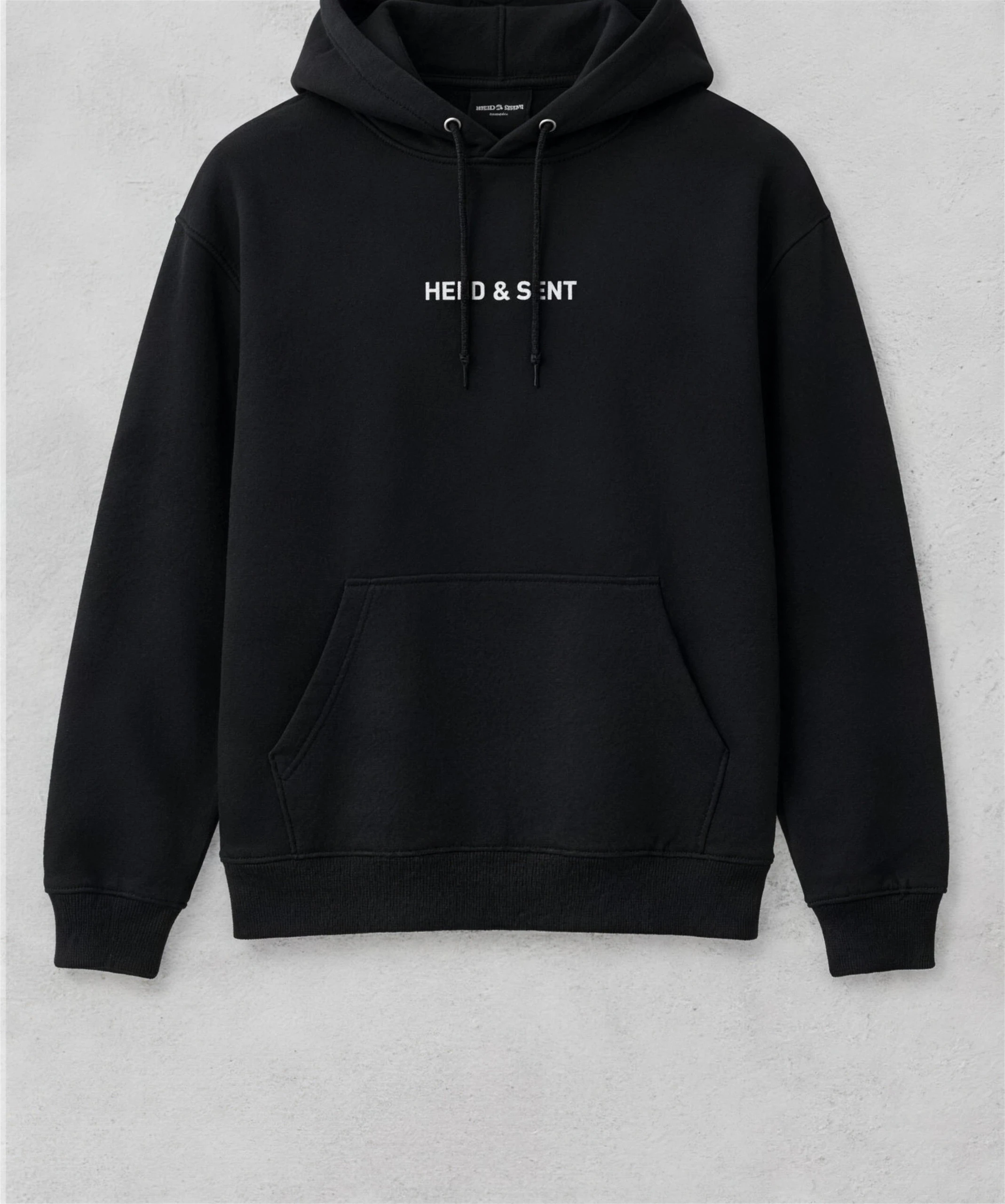 Hoodie, studio, with the wordmark at the chest