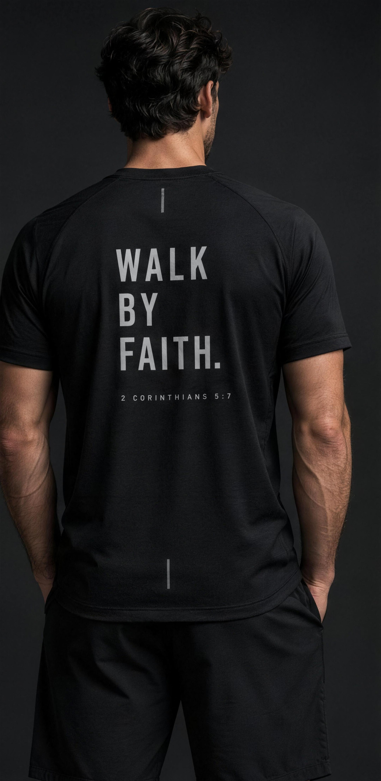 Core Training Tee, back, with the WALK BY FAITH print